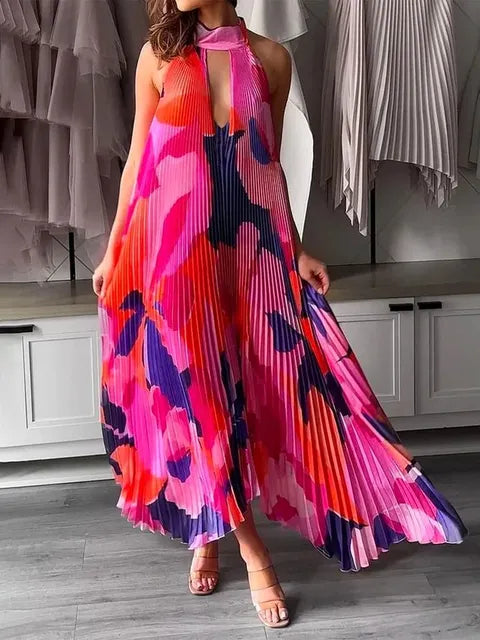 Elegant V-Neck Print Long Sleeve Dress