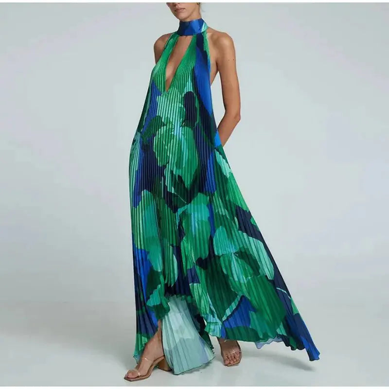 Elegant V-Neck Print Long Sleeve Dress