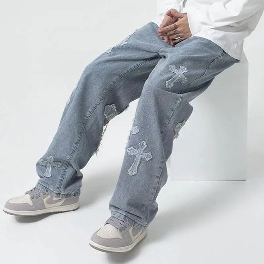 Baggy Cross Embroidered Jeans